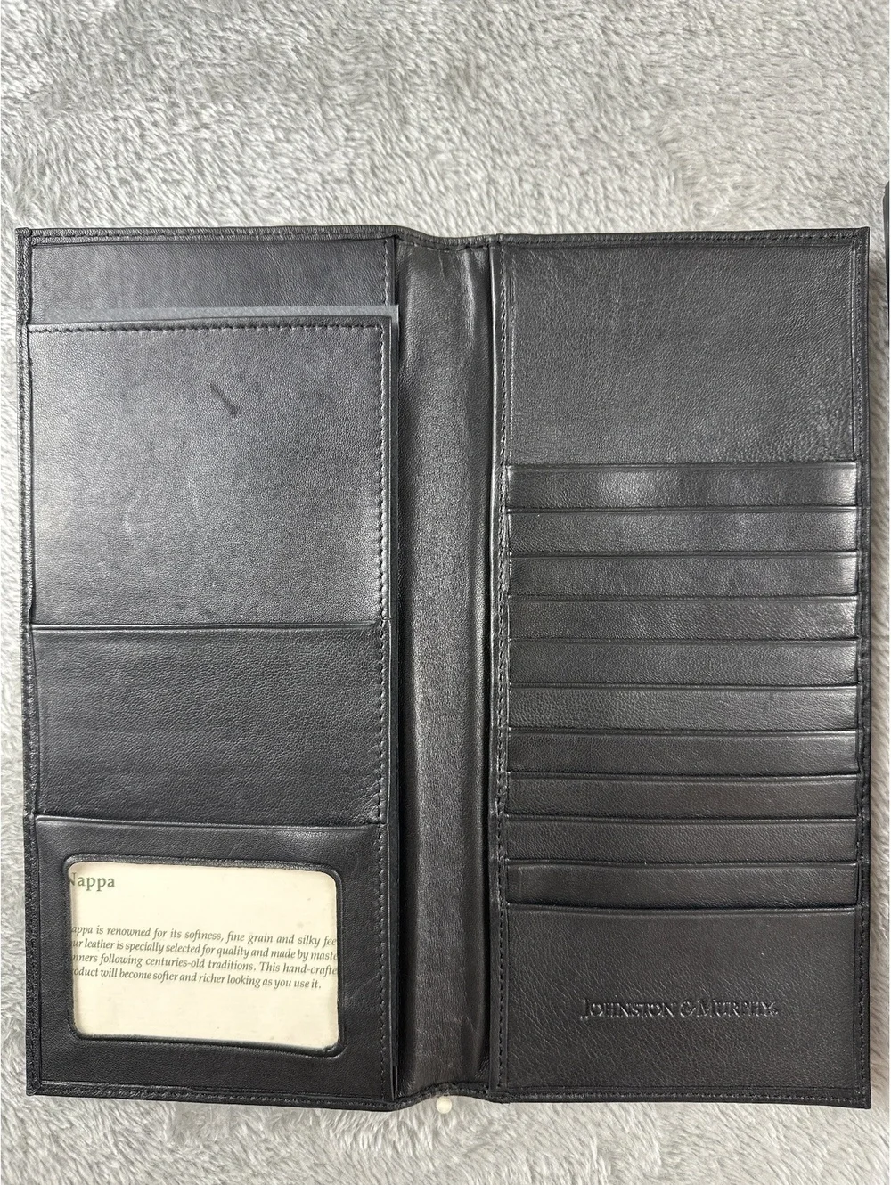 New Johnston & Murphy Black Slimfold Nappa Leather Long Wallet with Box